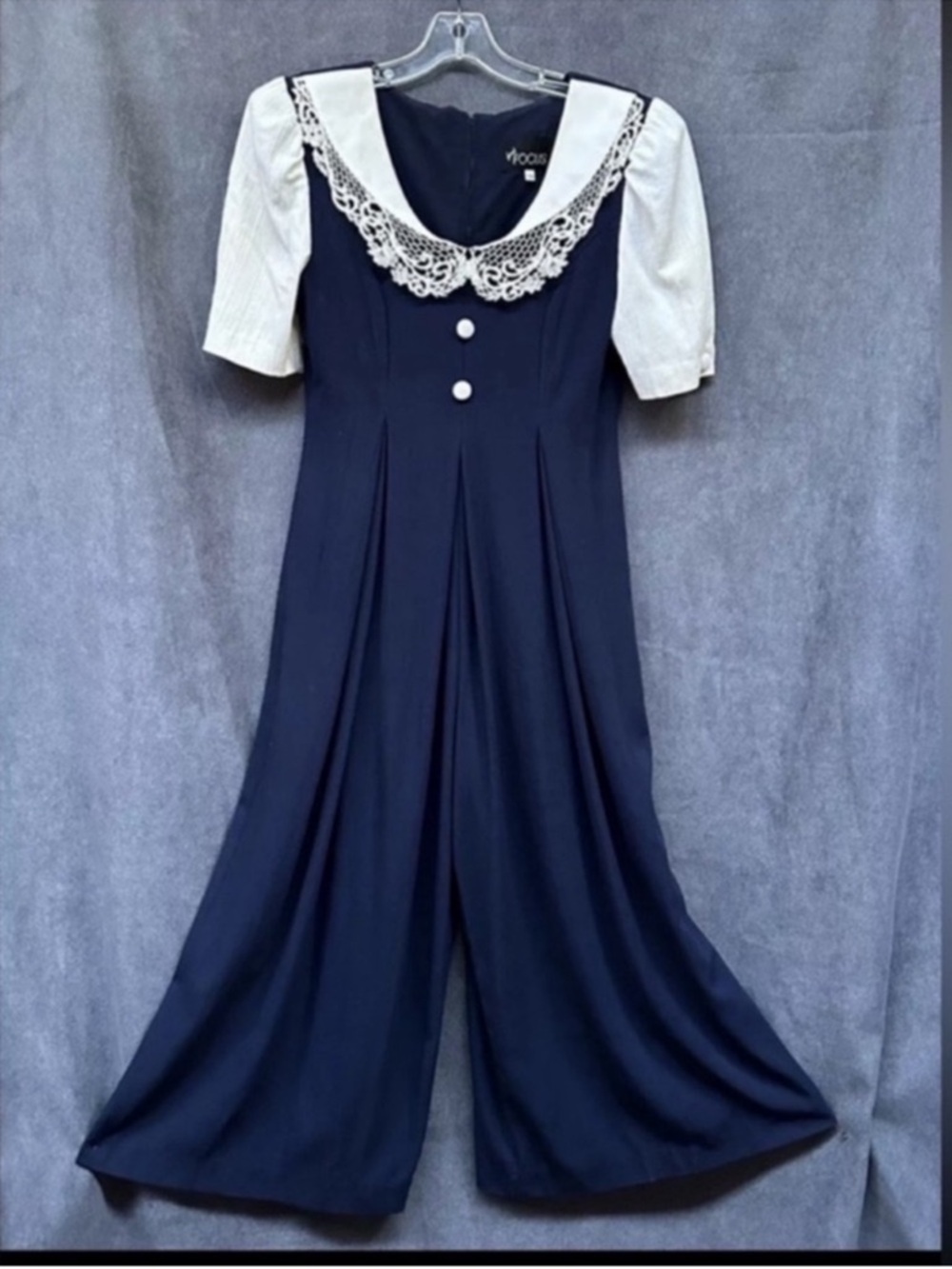 Vintage Wide Leg Jumpsuit Navy Blue With Lace Collar Small